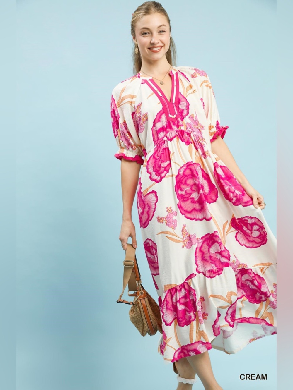 Umgee Floral Print Midi Dress with Contrast Trim - Picture 4 of 6